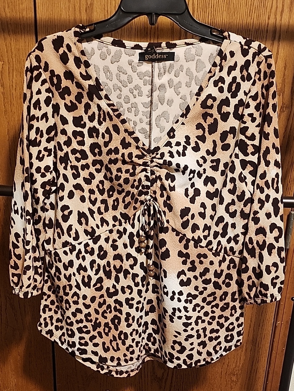 Goddess Leopard-Print V-Neck Blouse in Tan and Black
